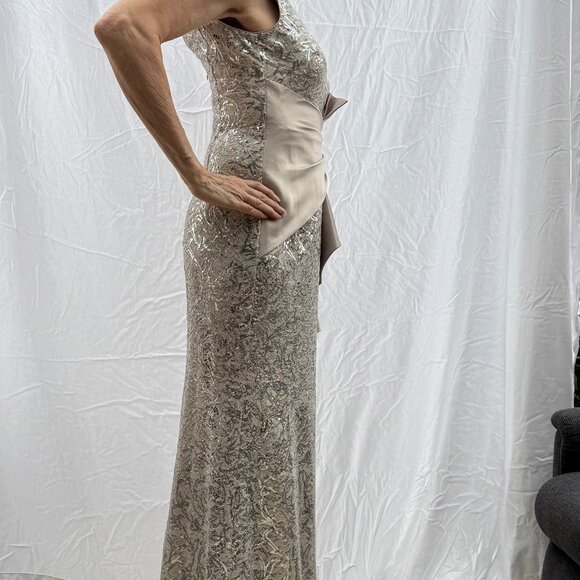 Eliza J Size 6 Beige Silver Accented Full Length Gown - Picture 5 of 16
